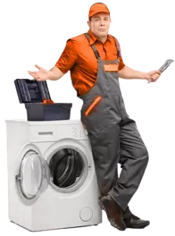 A man wearing an orange T-shirt with an orange cap and black pants sitting beside a washing machine, the toolbox is on the washing machine he is holding a wrench in one hand 