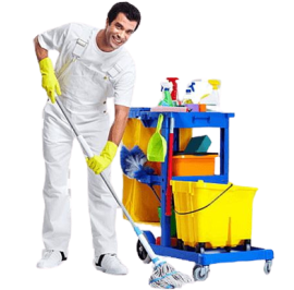 A man cleaning floor by mop, beside him cleaning materials in small trolly