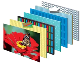layers of led-lcd tv panel a butterfly is sitting on a red flower in the front layer