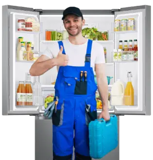 A British boy is standing in a white shirt, blue pants and there is a triple door fridge in front of him. Vegetables, fruits, drinks are kept inside