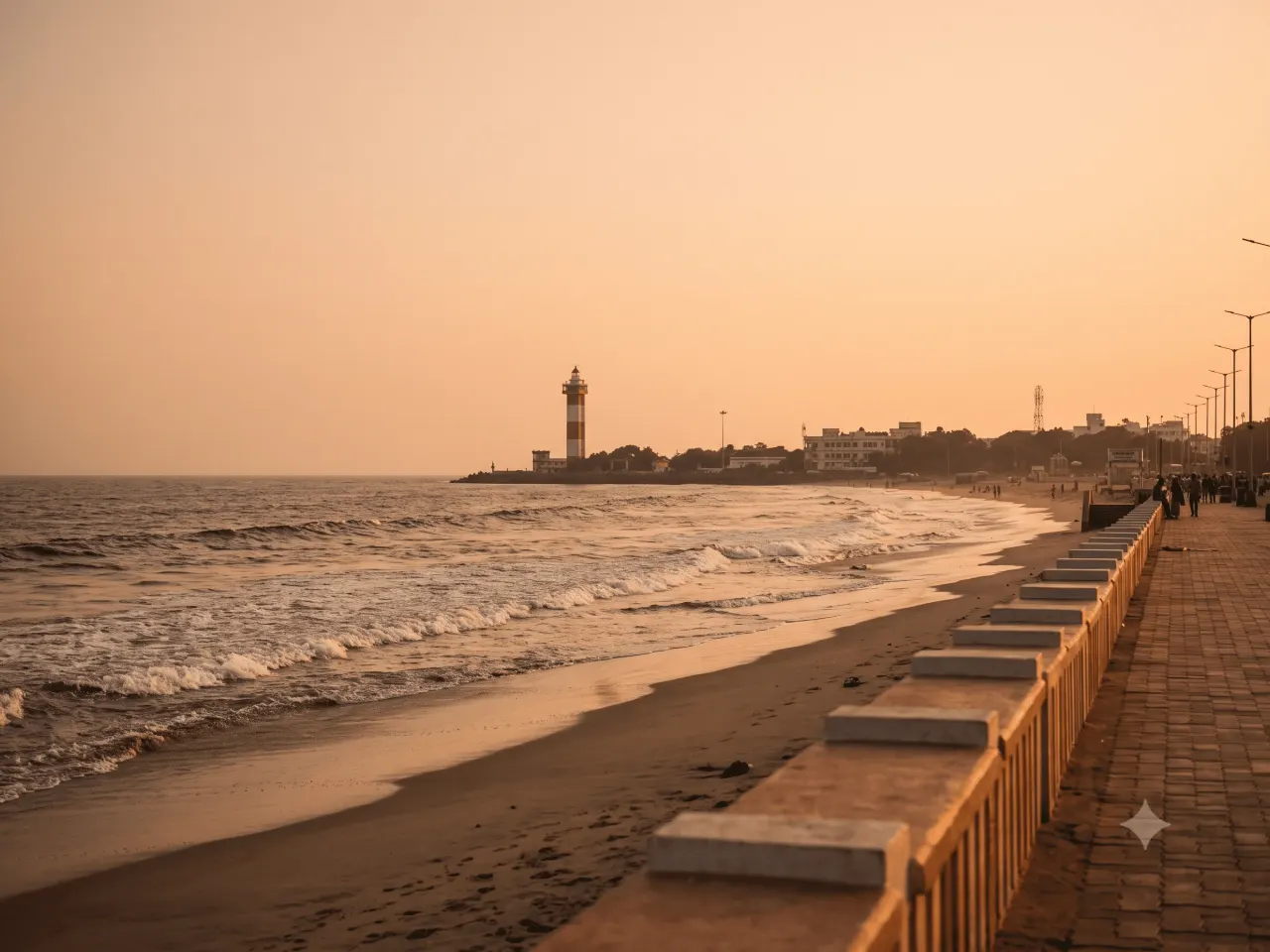 Marina Beach promenade with the Chennai lighthouse at golden hour
