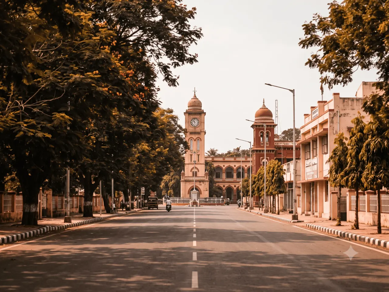 Tree-lined avenue and clock tower in central Davangere