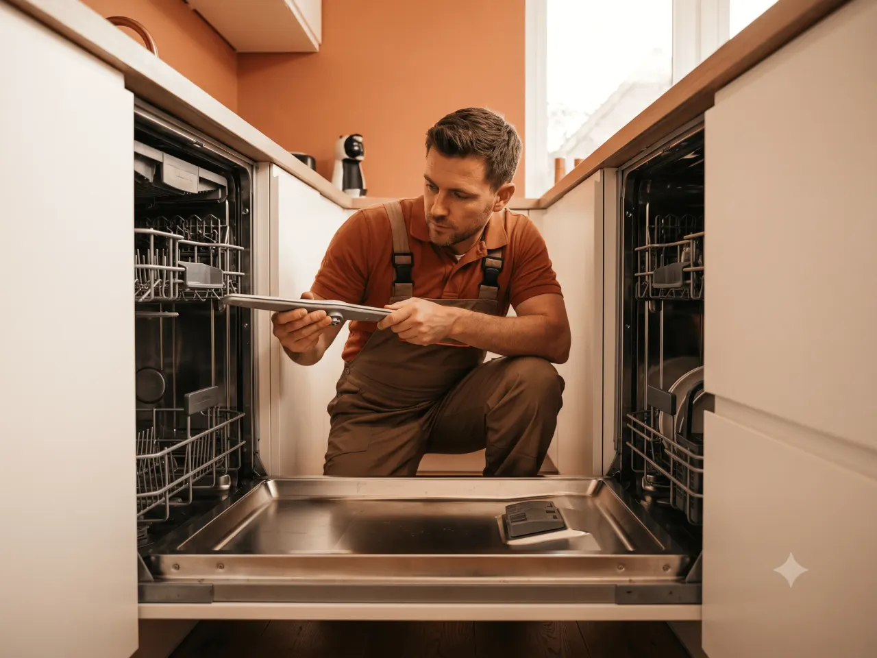 Technician inspecting the spray arm inside an open dishwasher