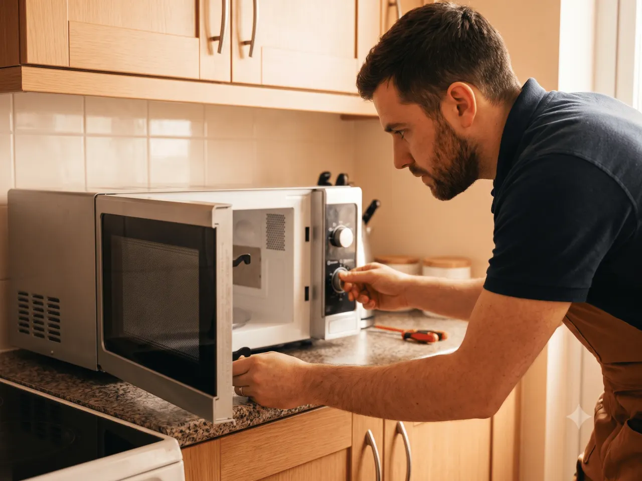Technician adjusting the control dial on an open microwave oven in a kitchen