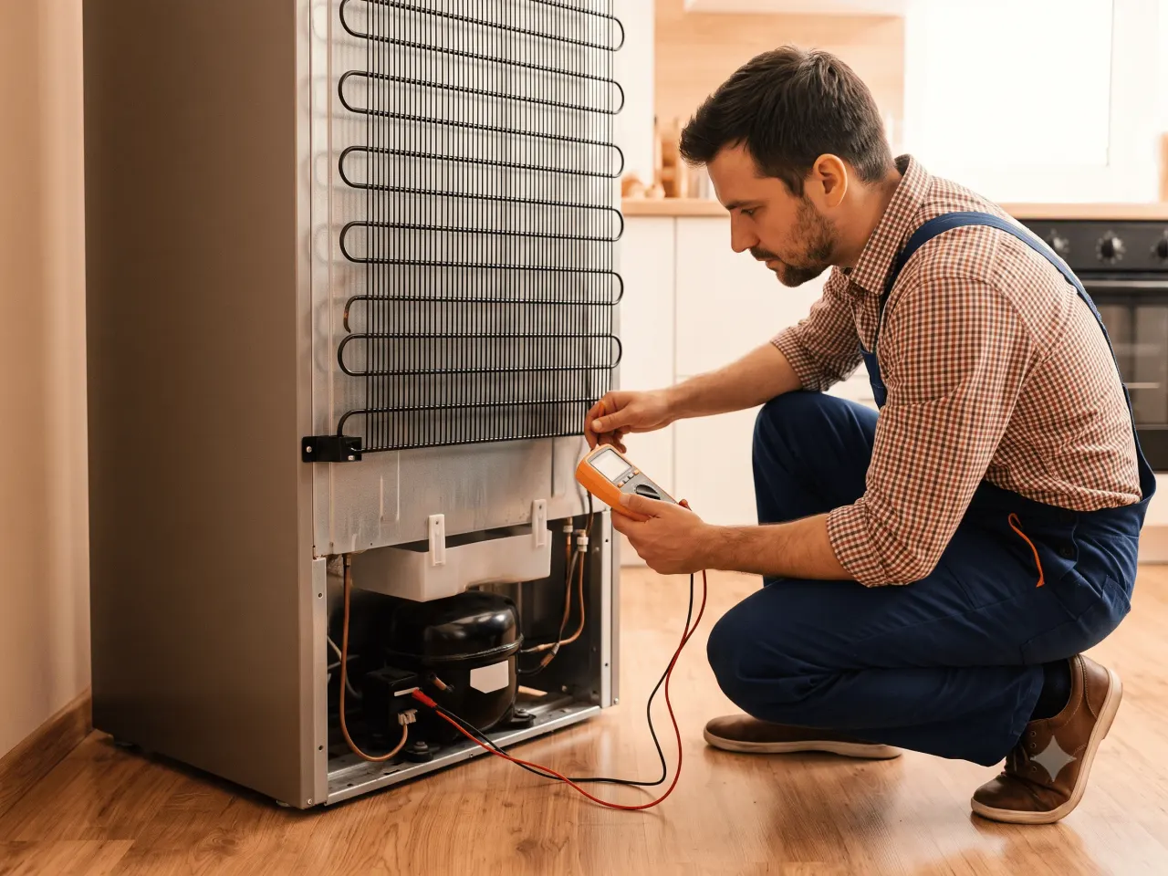 Technician testing a refrigerator's compressor with a multimeter