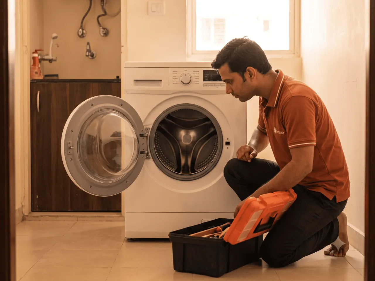 Technician inspecting an open front-load washing machine with a toolbox open beside it