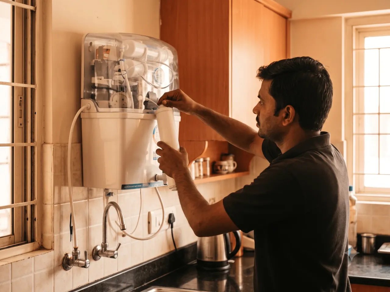 Technician replacing the filter cartridge of an under-sink RO purifier