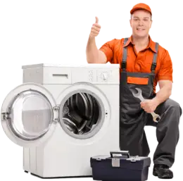 A men wearing orange tshirt with orange cap and balk pant sitting besaide washing maching whit a tool box, holding wrinch one hand and showing thumps up
